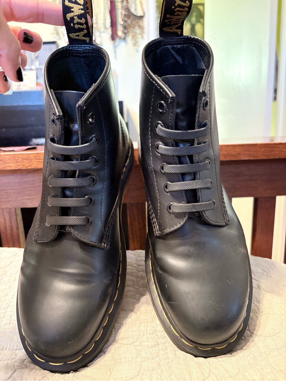Dr. Martens Black Smooth Leather Lace-Up Ankle Boots with Yellow Stitching